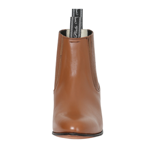 El Canelo brown leather short western ankle boot with elastic side panels and low heel.