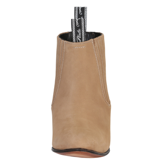 El Canelo beige leather short western ankle boot with elastic side panels and low heel.