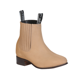 El Canelo beige leather short western ankle boot with elastic side panels and low heel.