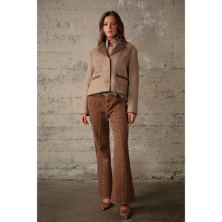 Women’s taupe and brown western wool-blend jacket with cowboy embroidery, button closure and contrast lapels.