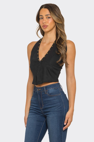 Western Nights Halter Crop Top – Black