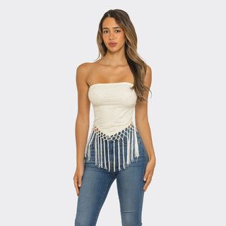 Desert Pearl Fringe Tube Top – Ivory