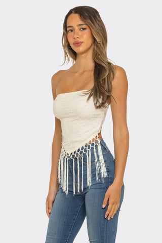 Desert Pearl Fringe Tube Top – Ivory