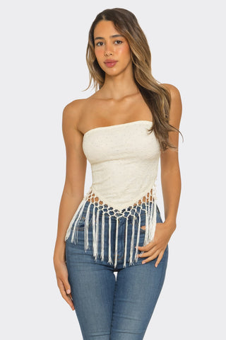 Desert Pearl Fringe Tube Top – Ivory