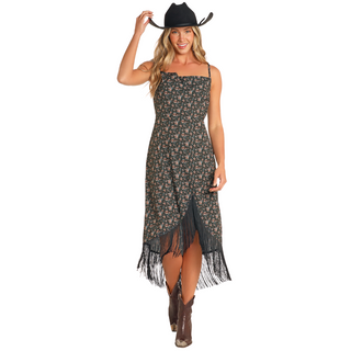 Rock & Roll Denim Women's Floral Slip Dress with Fringe