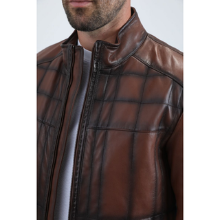 Platini Men's Genuine Leather Quilted Jacket- Burning Brown