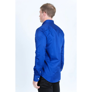 Platini Men's Single Pocket Logo Modern Fit Stretch Dress Shirt - Royal Blue