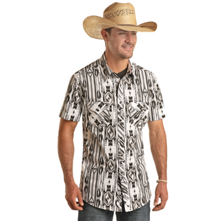 Rock & Roll Denim Tek Western Aztec Print Short Sleeve Snap Shirt