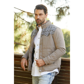 Men's Ethnic Aztec Quilted W/ Faux Fur Lined Twill Jacket - Light Grey