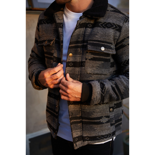 Men's Ethnic Aztec Quilted W/ Faux Fur Lined Jacket - Black