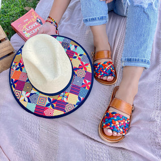 Women’s cognac Mexican huarache sandals with multicolor woven leather front strap and adjustable ankle buckle