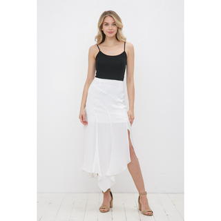 Women's white asymmetrical chiffon midi skirt with side slit styled with black top