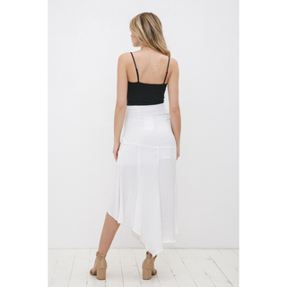 White chiffon midi skirt with layered asymmetrical panels and side slit detail