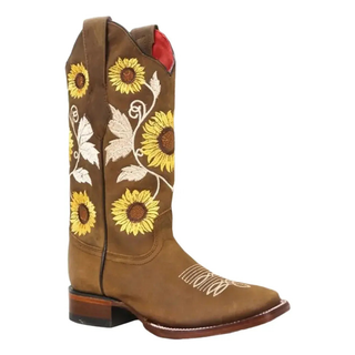 Los Altos Crazy Sunflower Leather Cowboy Boots- Tan