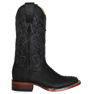 Side profile women’s black python cowboy boots square toe