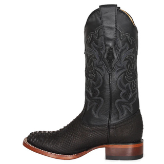 Side profile women’s black python cowboy boots square toe