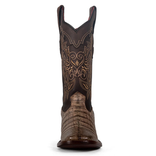Front view of mocha caiman belly women’s western boots with wide square toe