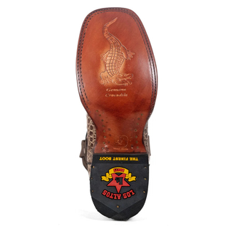Bottom sole of Los Altos women’s mocha caiman belly western boot showing genuine crocodile leather stamp