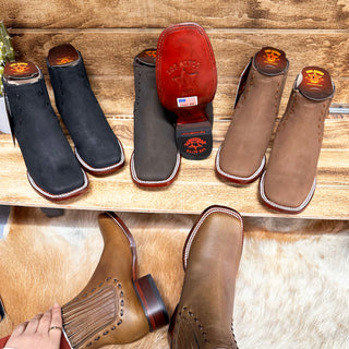 Display of Los Altos Ladies Ankle Boots in multiple colors, including Black Nobuck, showing sole detail and finish.