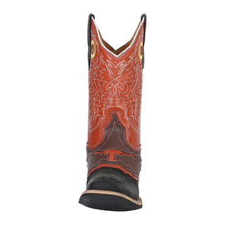 Western Cowboy boot with orange shaft, black toe cap, and stitching, square toe and pull up holes