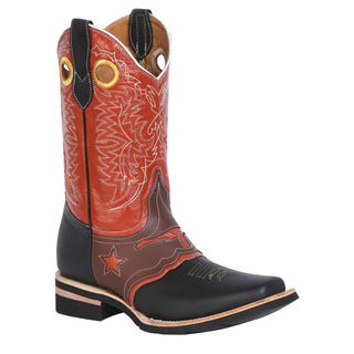 Western Cowboy boot with orange shaft, black toe cap, and stitching, square toe and pull up holes