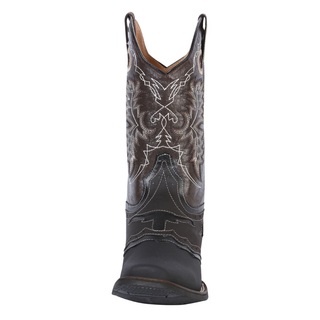Black and brown leather western cowboy boot with white stitching, star detail, and square toe – genuine leather handmade boot.