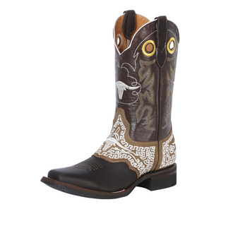 Brown and black cowboy boot with intricate designs