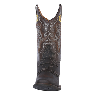Brown cowboy boot with intricate stitching 