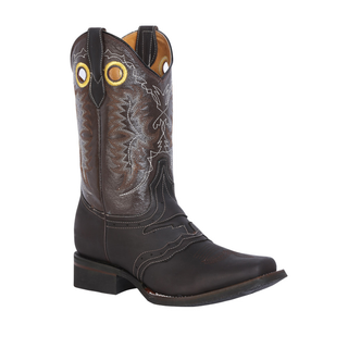 Brown cowboy boot with intricate stitching 