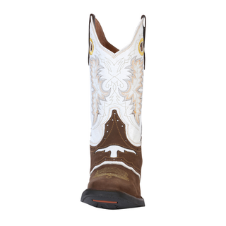 Brown and white cowboy boot with intricate patterns 