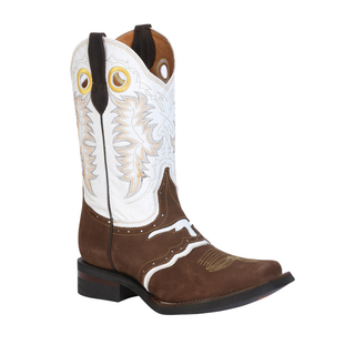 Brown and white cowboy boot with intricate stitching 