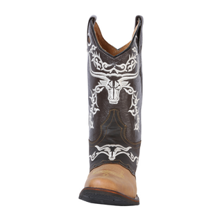 Brown and honey cowboy boot with white embroidery
