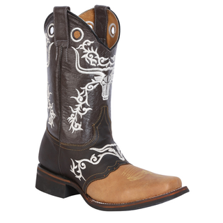 Brown and honey cowboy boot with white embroidery