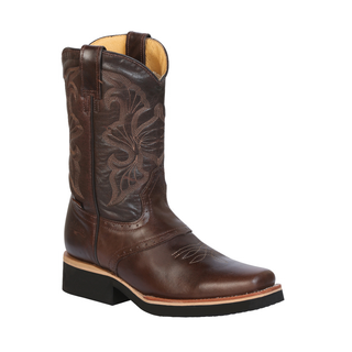 Brown cowboy boot with intricate design 