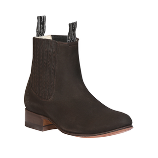 El Canelo brown leather short western ankle boot with elastic side panels and low heel.