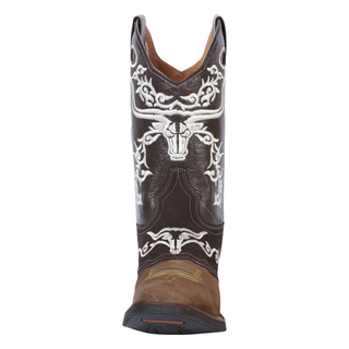 Brown cowboy boot with white embroidery