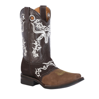 Brown cowboy boot with white embroidery