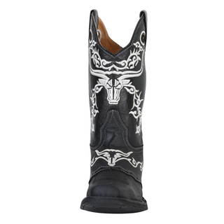 Black cowboy boot with white designs 