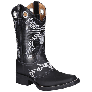 Black cowboy boot with white embroidery