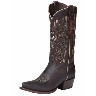 Brown cowboy boot with intricate white embroidery on a white background