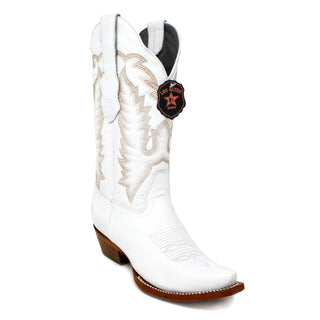 Angled front view of Los Altos women’s white snip toe deer leather cowboy boot with stitched shaft.