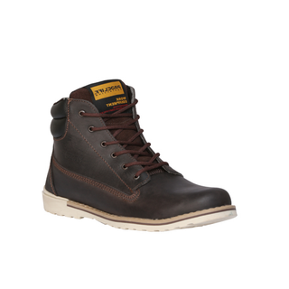 Brown leather boot with a visible brand logo 