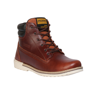 Brown leather boot with visible brand name 