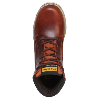 Brown leather boot with a visible brand label 