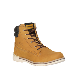 Tan work boot with brown laces