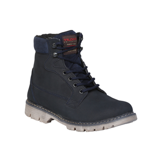 Navy blue work boot with visible brand logo 