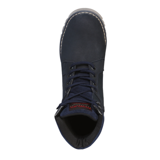 Navy blue work boot with visible brand logo 