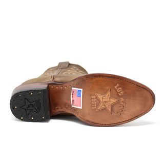 Bottom view of Los Altos Women’s Oval Toe Western Boot in rage walnut leather showing the embossed logo and leather sole.