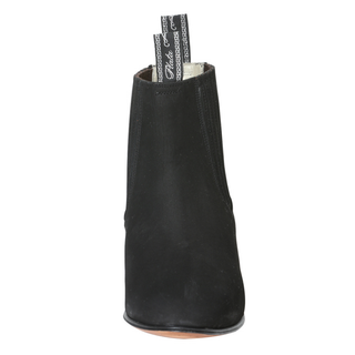 El Canelo black leather short western ankle boot with elastic side panels and low heel.