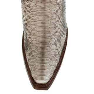 Close-up snip toe rustic brown python leather Los Altos women’s western boot